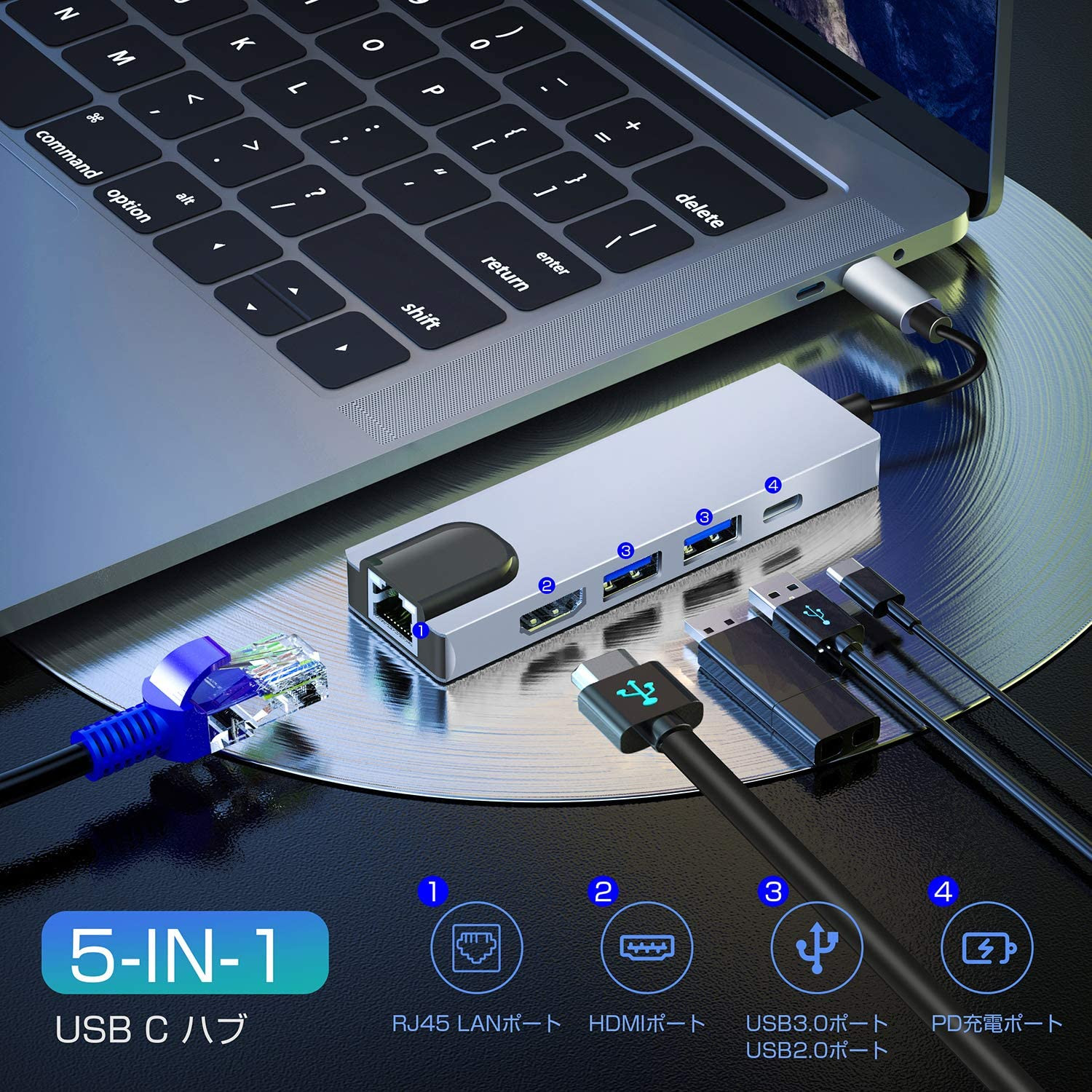 5 IN 1 USB Type C to 4K HDTV LAN USB 3.0 USB PD Hub Adapter